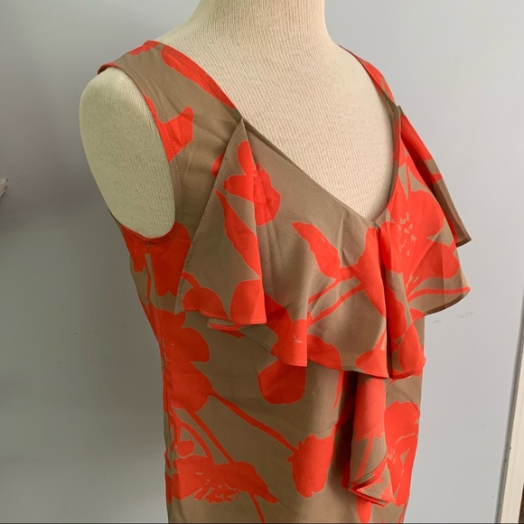 LOFT coral & tan ruffle front top / camisole, v-neck front and ribbon tie back - Picture 3 of 6